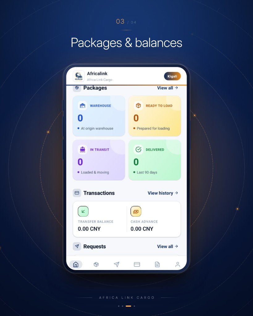 Africa Link Cargo app showing packages and balances